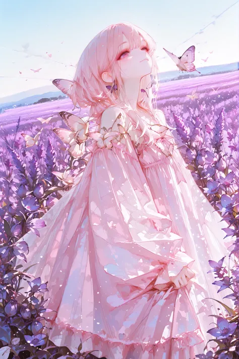 Dark Auction House, perfect detail, RAW photos, young woman, silky light pink dress, graceful pose, Lavender field, purple flower wave, Clear Sky, gentle smile, natural makeup, Butterflies flying, warm sunshine, dreamy atmosphere