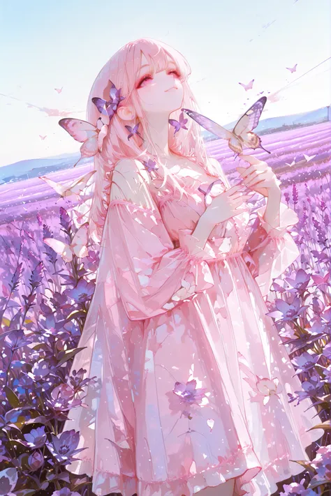 Dark Auction House, perfect detail, RAW photos, young woman, silky light pink dress, graceful pose, Lavender field, purple flower wave, Clear Sky, gentle smile, natural makeup, Butterflies flying, warm sunshine, dreamy atmosphere