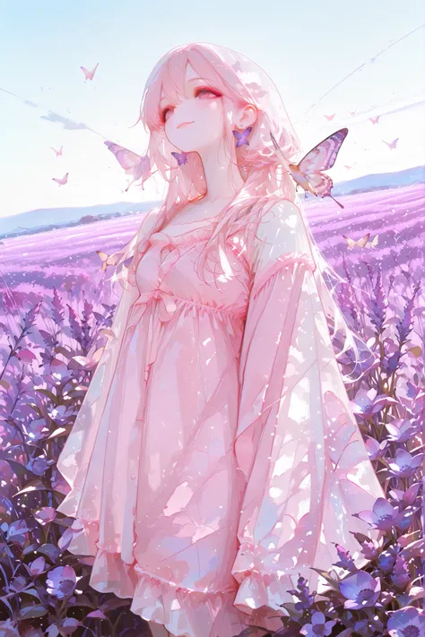 Dark Auction House, perfect detail, RAW photos, young woman, silky light pink dress, graceful pose, Lavender field, purple flower wave, Clear Sky, gentle smile, natural makeup, Butterflies flying, warm sunshine, dreamy atmosphere