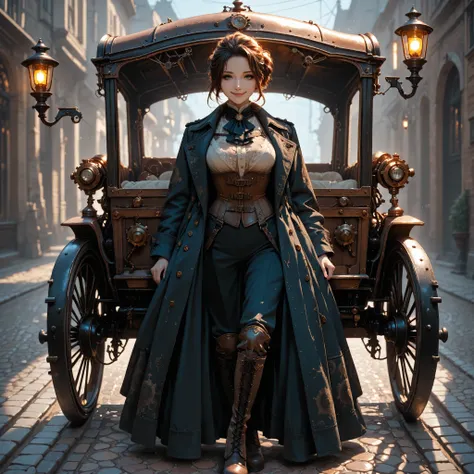Ultra High Definition, masterpiece, perfect detail, Steampunk Musketeers, lace up corset, Victorian Boots, Embroidered Coat, Misty Cobblestones, Upstyle Hairstyle, Noble Smile, Gear decoration, Carriage Road, Gas lamp
