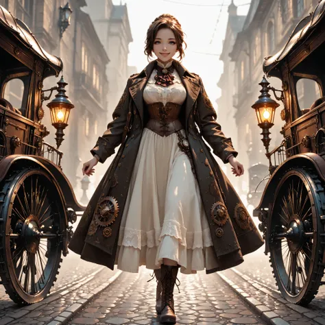 Ultra High Definition, masterpiece, perfect detail, Steampunk Musketeers, lace up corset, Victorian Boots, Embroidered Coat, Misty Cobblestones, Upstyle Hairstyle, Noble Smile, Gear decoration, Carriage Road, Gas lamp