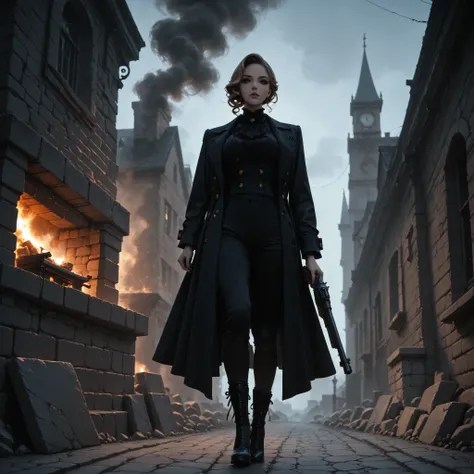 artistic, Ultra High Definition, Elegant Lady with a Gun,  gothic pants, Lace boots, Velvet Coat, 19th Century London, curl hair, Noble Gaze, brass button, chimney smoke , Stone construction