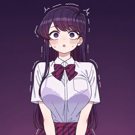 shy expression、super detailed illustration、Ultra Precise Acting、masterpiece、Highest Quality、超high resolution、high resolution、dark background、Black purple background、1 girl、Big Breasts、Shouko Komi、uniform、skirt、(Ahegao:1.6)、trembling、(transparent purple bra...