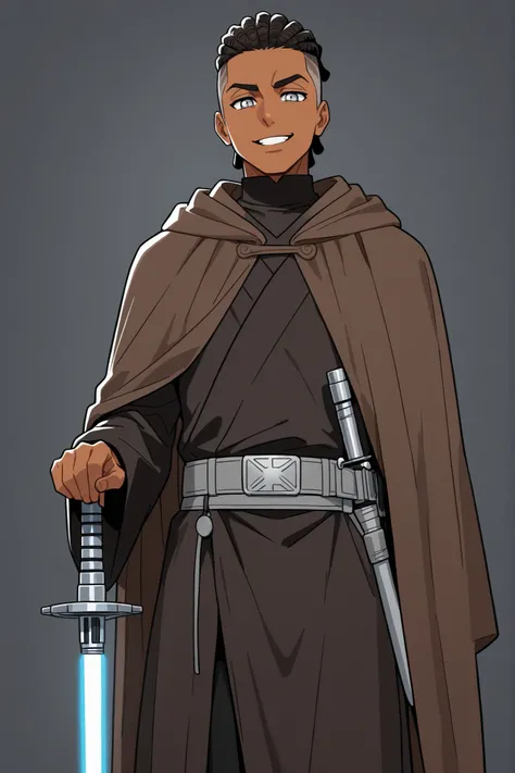 undercut,masterpiece, high quality, ultra-detailed, (1boy), dark skin color, (black Jedi robes), Jedi attire, handsome guy, inspired by starwars, Jedi knight attire, jedi robes, grey belt, Brown Jedi cloak, silver eyes, (Pale Silver eye color), lightsaber ...