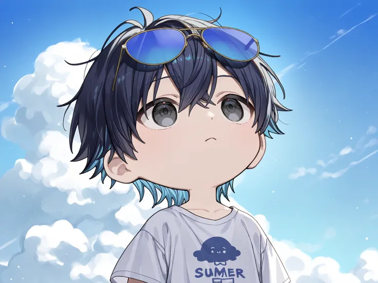 ((solo, deformed character、deformed characterだけ、anime))、(( male))、black eyes、2 color hair、dark haired、Blue hair、Black-Blue、hair is a mess、upper body、facing up、Large white T-shirt、Blue Sky、 White Clouds 、summer、Light Blue Sunglasses、unmotivated、Back view、