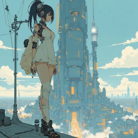 Cyborg Girl Nude、 mechanical body 、video、Picturesque posture on the roof of a skyscraper、cyberpunk style itself、Extreme Perspective、perspective、low position、low angle、wide-angle lens with broad skin、soft、light、lightweight、Dutch angle、flat animation、