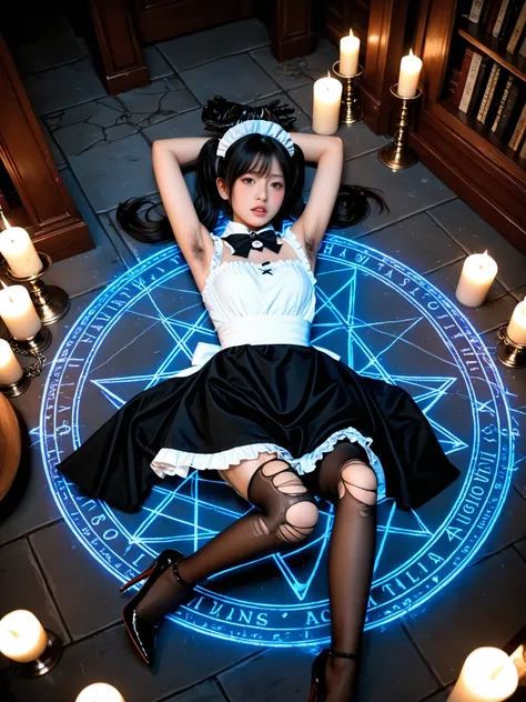 (Japanese girl, laying on magic circle on floor in Gothic style mansion at late night), hairy armpits, (armpit hair:1.4), ((maid Costume, sleeveless, lace panties, Torn black stockings, stiletto heels, leather gloves)), ((laying on floor, hairy armpit expo...