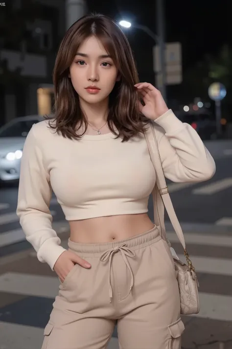 ((a young Taiwan woman with slim but healty waist, long slightly wavy hair, big eyes, big pupils, sharp nose, small cute lips, perfect body, slightly toned stomach, wide hips, small navel)), (wearing a cream long-sleeved drawstring crop top, wearing low-wa...