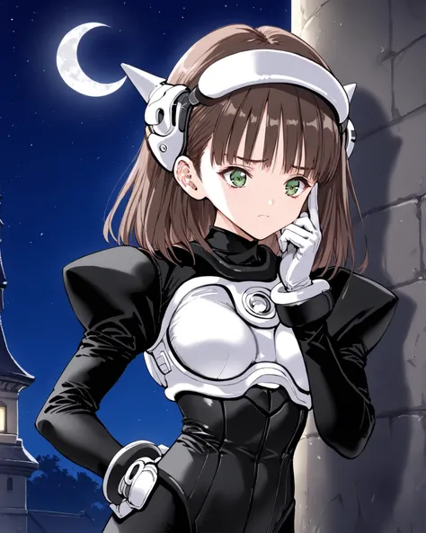 headgear1, black body suit, puffy_sleeves, white headgear, white chest armor, white gloves, a girl ,15 years old, solo, スコア_4_, ソース_アニメ, high resolution, ultra detail, very aesthetic, Highest Quality,
brown hair, (medium hair), (Straight Hair:1,5), (Green...