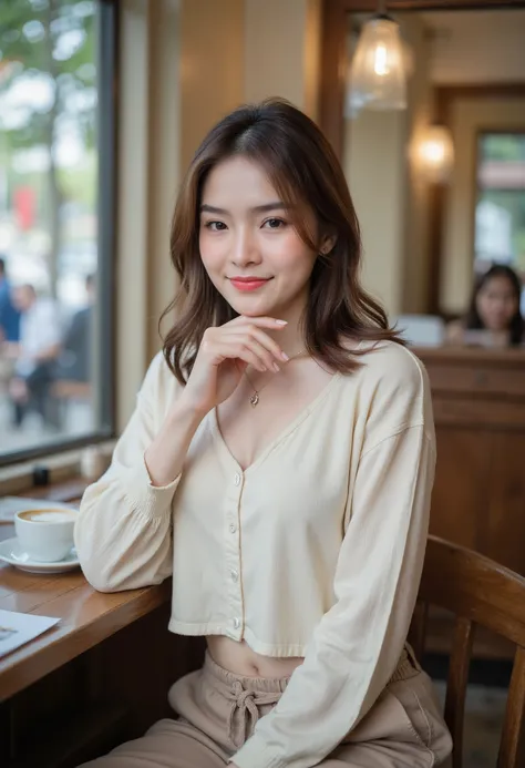 a young Taiwan woman with slim but healty waist, long slightly wavy hair, big eyes, big pupils, sharp nose, small cute lips, perfect body, slightly toned stomach, wide hips, small navel, (wearing a cream long-sleeved drawstring crop top, wearing low-waist ...