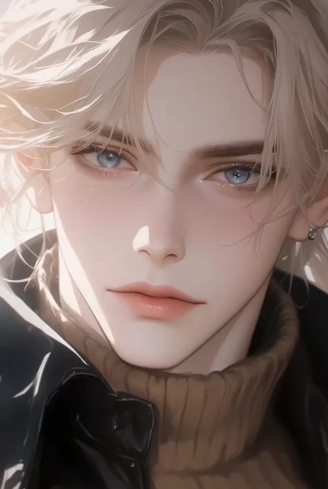 Boy, blonde hair, blue eyes, sharp features, white skin, pink lips, handsome, perfect, wearing a brown sweater, black formal jacket, elegant, accurate art, bright and clear colors, high quality resolution .