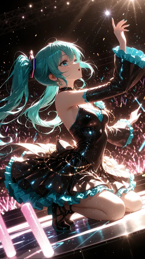 Hatsune Miku's live concert. The packed audience waves numerous glow sticks, creating a dazzling display of color , On stage, she captivated the audience with her singing and dancing performance ,
break ,
( ambient occlusion:0.9 ) , masterpiece , best qu...