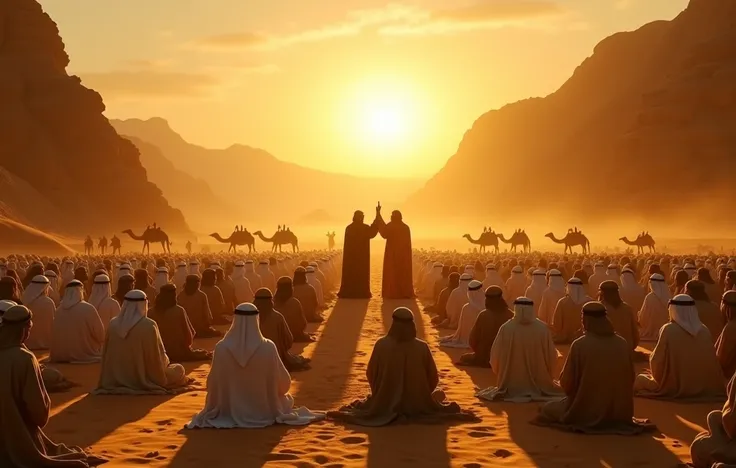 cinematic historical painting of the event of Ghadir Khumm in the Arabian desert. A large gathering of early Muslims in white and beige robes, seated on the golden sand dunes, listening with devotion. In the center, two noble figures in flowing robes stand...