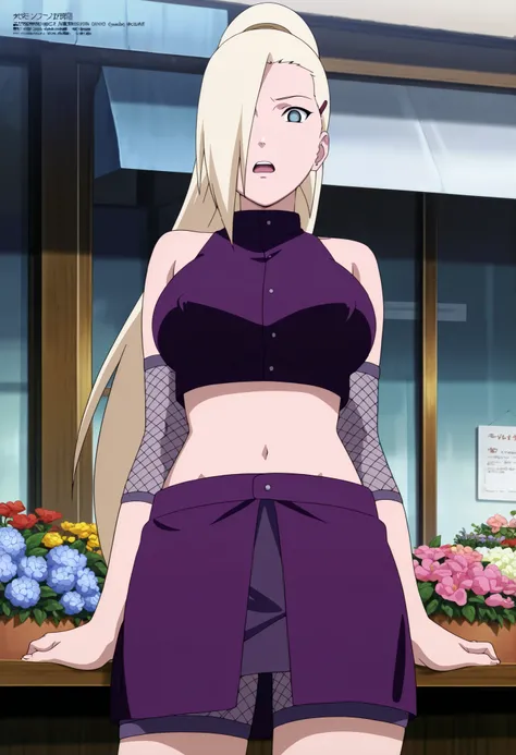 masterpiece, best quality, amazing quality, front light, anime screencap, 1girl, solo, InoShipuuden, blonde hair, high ponytail, hair over one eye, midriff, fishnets, crop top, big breasts, blue eyes, At the flower shop, purple skirt,cover nipple, open mou...