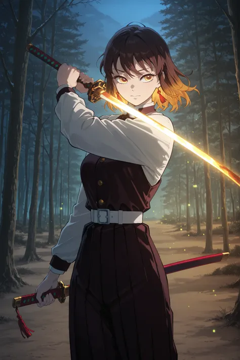 are engraved with the words,Forest, Snow at Dusk: Demon Sword. with brown hair, yellow ends tied in a corkscrew, , her face looks calm but firm, her posture is calm and upright. She has bright, golden sand droplets surround her as if Holy. is an elegant ka...