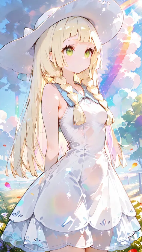 masterpiece, aalillie, long hair, blonde hair, twin braids, sun hat, white headwear, green eyes, small breasts, collared dress, white dress, sleeveless, see-through,best quality, super fine, 16k, incredibly absurdres, extremely detailed, delicate and dynam...