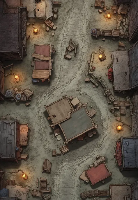 2d dnd battlemap, top-down view, grimy slum district, narrow twisted alleys, uneven muddy streets with puddles, crooked wooden and stone shacks with collapsed roofs and holes, broken fences, torn cloth covering improvised market stalls, scattered crates an...