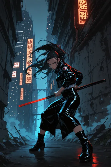 iaidou,weapon, katana, holding sword, ready to draw, sheathed, unsheathing, scabbard,pksinozick,m0eb0s,flat color, (masterpiece, best quality), european comic art style, bande dessinée style, cyberpunk aesthetic, neon lights, futuristic cityscape backgroun...