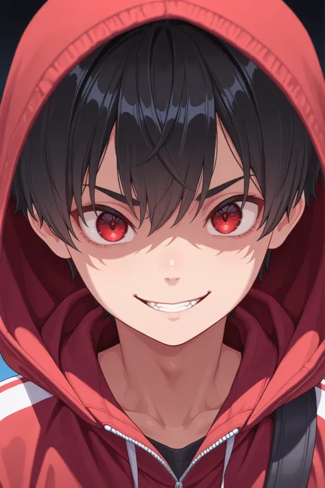 1 boy, black hair, red eyes, wearing red hoodie, wearing track suit, Eerie smile and looking at the viewer, scary theme, close up shot, high res, ultrasharp, 8k, masterpiece