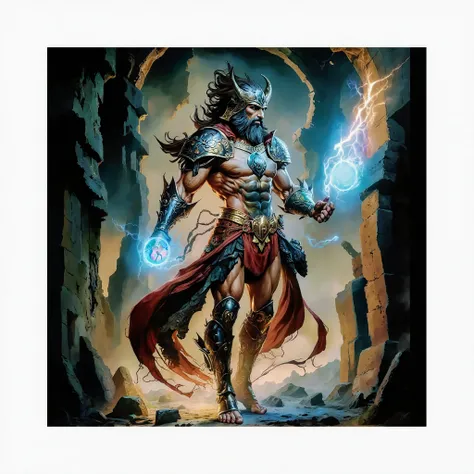 A grand, epic scene featuring a powerful warrior, physically perfect body, muscular, tone, tall body, absurdly very long wavy brown -gray flowing hair, brown hazel eyes an ancient, majestic setting. The central figure is a towering, muscular man exuding st...