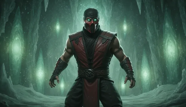 Play Ermac from the Mortal Kombat 3 Trilogy game with green eyes and red mask.
