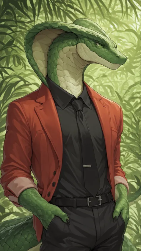 4g1typ3,scales,scalie,anthropomorphic, humanoid snake, yong adult, Male, Green Scales with orange details, snake hood, Green Eyes, long tail, red open jacket, black tshirt, black tie, black pants, Jungle Background
