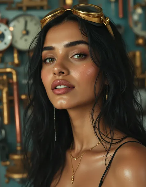 (Tarasutaria), Romanticism art, face close up view polaroid of a petite beautiful woman , smooth skin, beautiful skin, mature feminine Somali face, shy smile, light green eyes, long eyelashes, beautiful silky black long hair messy hanging over face, futuri...