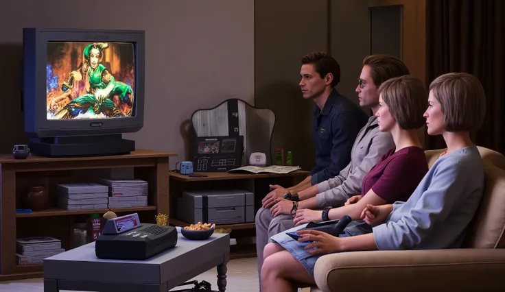 People playing video games in the 90s, Super Nintendo, with the game Mortal Kombat 3 on the TV screen