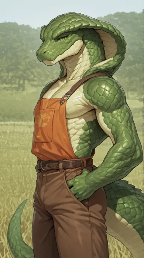 4g1typ3,scales,scalie,anthropomorphic, humanoid snake, yong adult, Male, Green Scales with orange details, snake hood, Green Eyes, tail, Farmer's clothing, brown pants, Farm Background