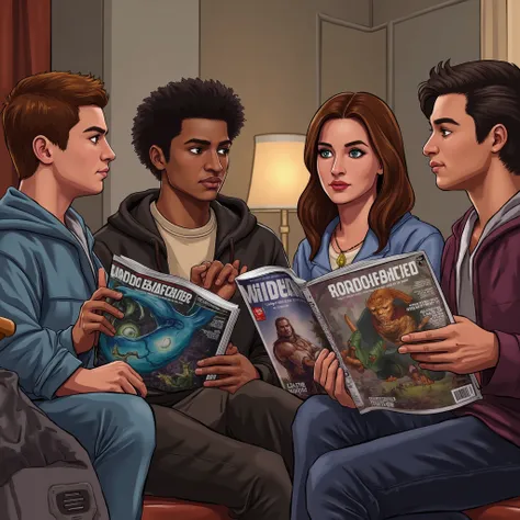 People talking with some video game magazines in their hands. Around 15 to 25 years old. 3 homens e 1 mulher