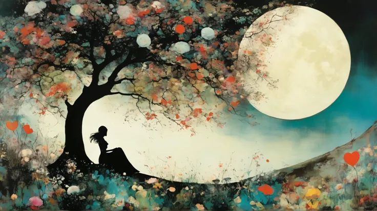 layered, a lovely girl with a lover heart, whimsy mood, moody colors by Georges Clairin, background surreal garden and a big tree, floral motif, night with a big moon by Gerald Scarfe with pattern.