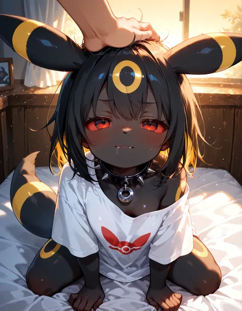 1girl, umbreon \(pokemon\), pokemon \(creature\), umbreon, furry female, black fur, red sclera, black eyes, yellow markings, fangs, biting lip, half-closed eyes, closed mouth, (<3), looking at hand, heavy breathing, tail, breasts, white t-shirt, oversized ...
