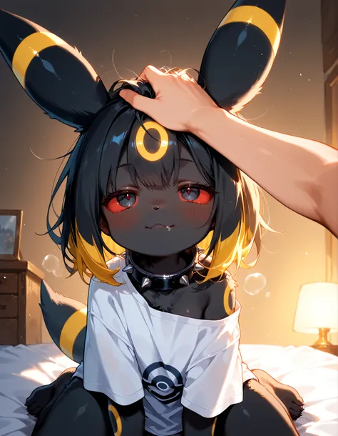 1girl, umbreon \(pokemon\), pokemon \(creature\), umbreon, furry female, black fur, red sclera, black eyes, yellow markings, fangs, biting lip, half-closed eyes, closed mouth, (<3), looking at hand, heavy breathing, tail, breasts, white t-shirt, oversized ...