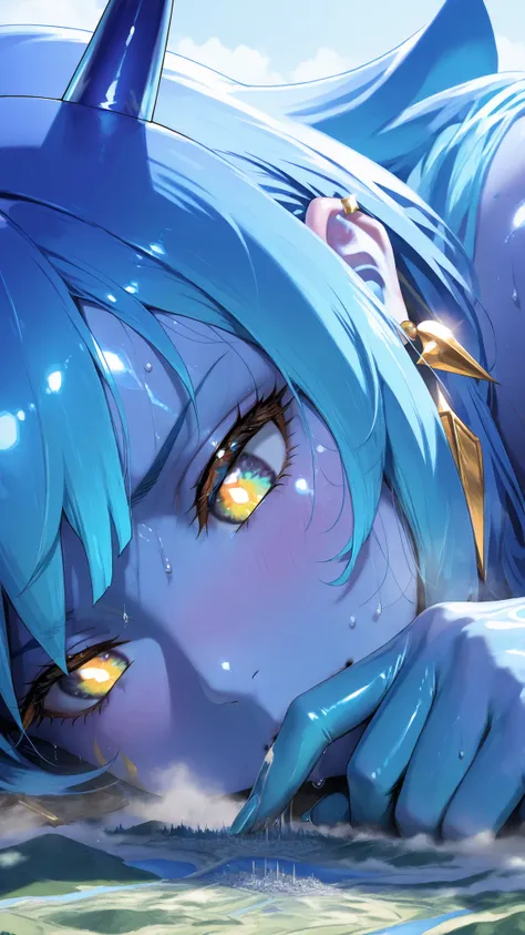 (masterpiece , Highest quality , Ultra-high resolution) , 1girl , spirit king wave , naked, gold ear piercing , (blue skin) , latex skin , glossy skin, glossy hair, white tattoo , (Sweat) , (steamy), glossy skin , shiny skin , glistening skin, Macro, Giant...