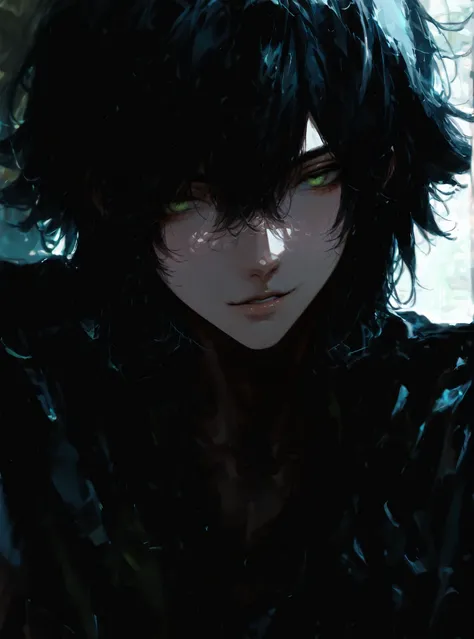 male, boy, looks at the viewer with a seductive look, black hair, green eyes