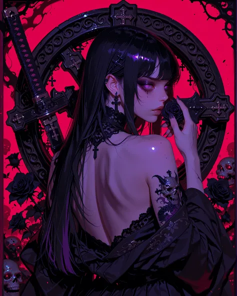 Imposing and dangerous Gothic Yakuza girl seen from behind. She wears a long, elegant black kimono with gothic details (dark lace, crosses, metallic embroidery), the garment sliding off her shoulders to reveal her pale bare back. Her back is covered with l...