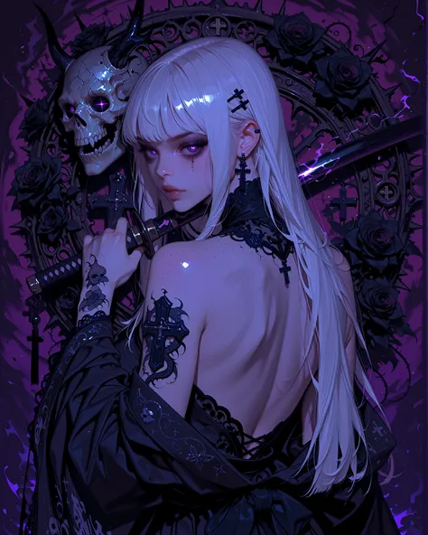 Imposing and dangerous Gothic Yakuza girl seen from behind. She wears a long, elegant black kimono with gothic details (dark lace, crosses, metallic embroidery), the garment sliding off her shoulders to reveal her pale bare back. Her back is covered with l...