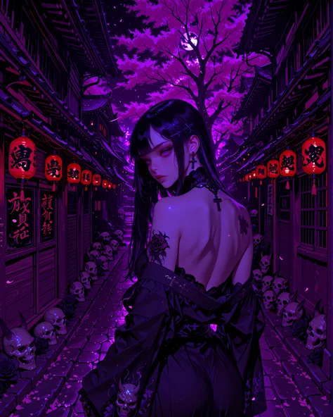 Gothic Yakuza girl seen from behind. She wears a long, elegant black kimono with gothic details (dark lace, crosses, and subtle metallic embroidery), the fabric slightly sliding off her shoulders to reveal her bare back. Her pale back is fully covered with...