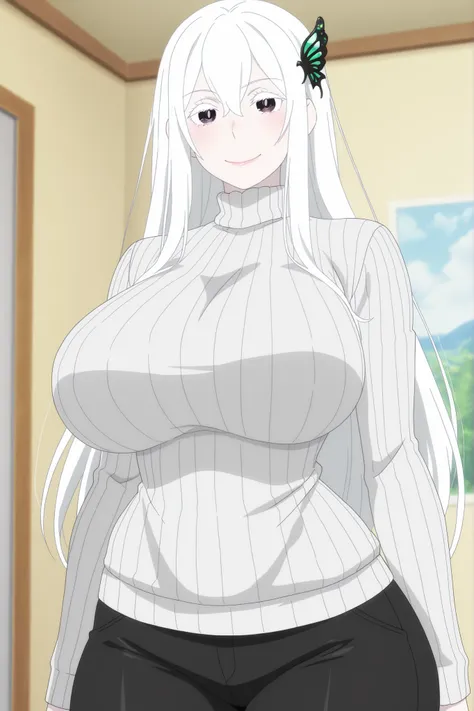 newest , masterpiece , anime screencap , anime coloring , echidna, 1girl, adult female, milf, motherly, pale skin, long hair, white hair, butterfly hair ornament, hair between eyes, bangs, white eyelashes, ractical body shape, glamorous bodies, attractive ...