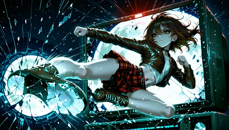 score_9, score_8_up, score_7_up, ((girl kicks her way out of a television screen, jumping kick, flying kick, kicking screen, breaking glass, shattered glass, haunted tv, static screen, attacking screen, percussive maintenance)), ((1girl, solo)), ((Caucasia...