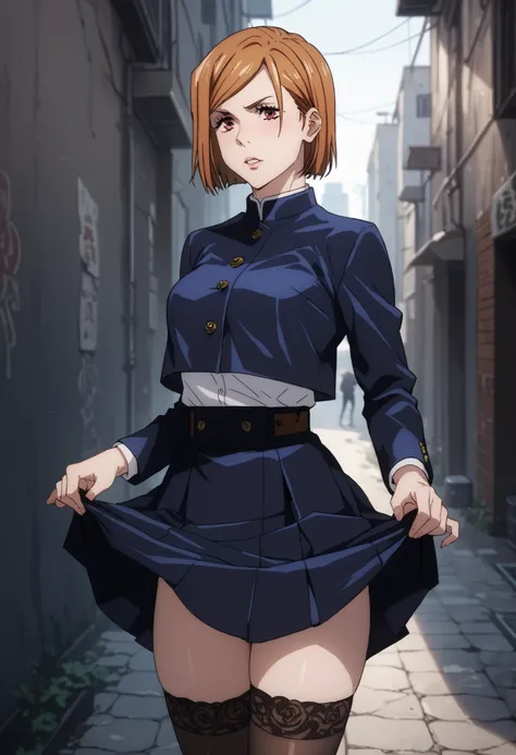 Nobara Kugisaki in a dark alley, wearing stockings, lifting her skirt