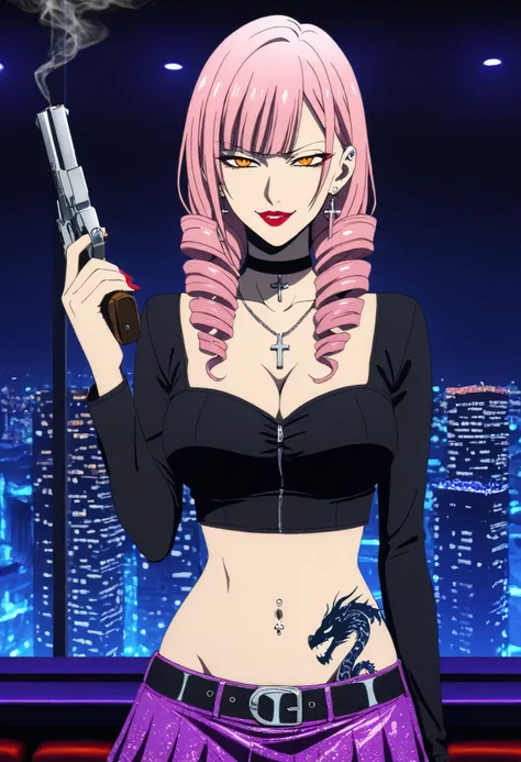 1girl, solo,
score_6, score_7, score_8, score_9,
masterpiece, best quality, highly detailed, bangs,
 pink hair, long hair, drill hair, orange_eyes, yellow_eyes, midriff, navel, cleavage, black croptop, long sleeves, purple skirt, low_rise skirt, belt, 
smi...