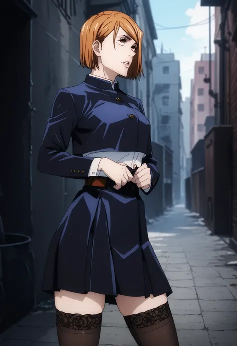 Nobara Kugisaki in a dark alley, wearing stockings, lifting her skirt