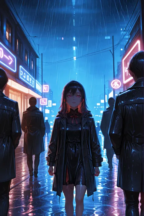 a mob boss walking in the city streets at night, wearing a black dress and black coat, ((accompanied by her lackeys)), 3 men at left and right, as heavy rain pours down on the city lightsbest quality, 8K, high resolution, masterpiece, ultra-detailed, reali...