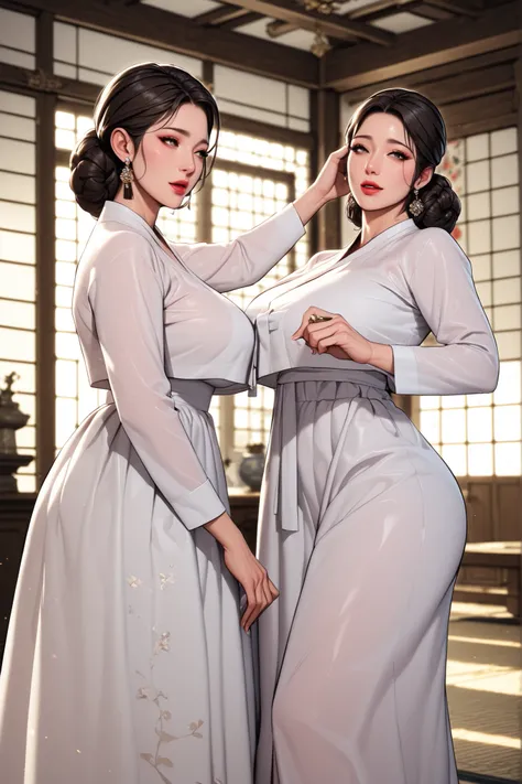 Two sexy, big-breasted ancient Korean girls. mature face. Each has black hair, brown hair. Two women with elegant hair. black eyes. Two women, each white Hanbok. , are facing each other and slapping their hands in the face. Korean Palace Queen's Room Backg...
