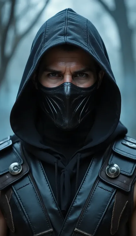 Tom Cruise as Noob Saibot from Mortal Kombat, fully hooded male character, hidden face under the shade. Enhanced black mask, of an aggressive and detailed design, with dark metallic textures, subtle fissures and an ancient and intimidating appearance. Blac...