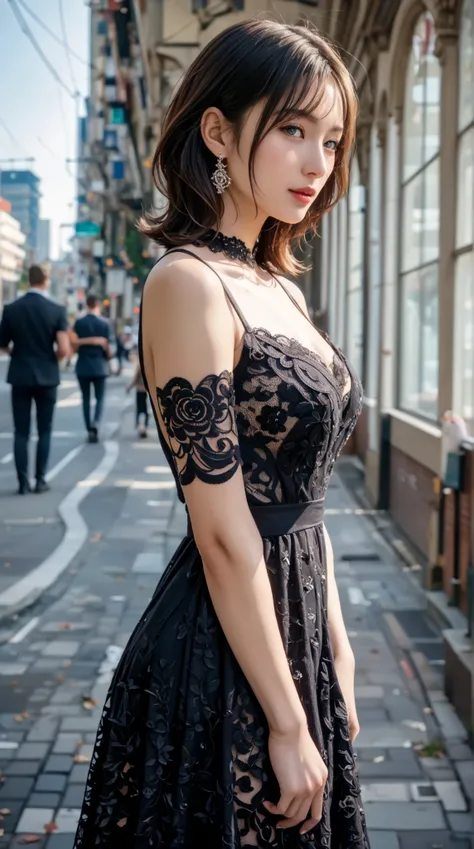 digital portrait、Live Action Depiction of the Human Body 、Original photo、one girl、Gentle grey eyes、plump lips、boring expression、Vibrant Expression、shortcuts、(((Elegant Black Lace-like A-Line Dress、Fine Artistic Lace Black A-Line Dress、Beautiful Dress、Super...