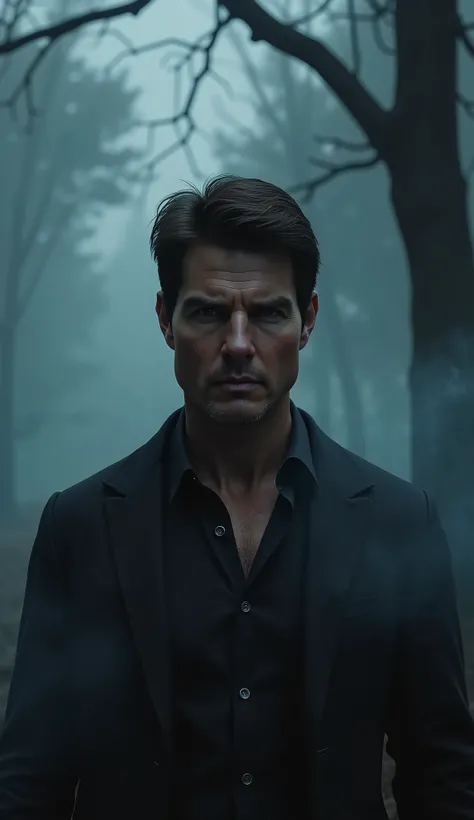 Tom Cruise . dense black smoke and ethereal energy blending into the environment. Almost completely dark background, with light diffuse bluish glows,  highlighting the character . Distorted and macabre tree silhouette in the background, shrouded in dark sm...
