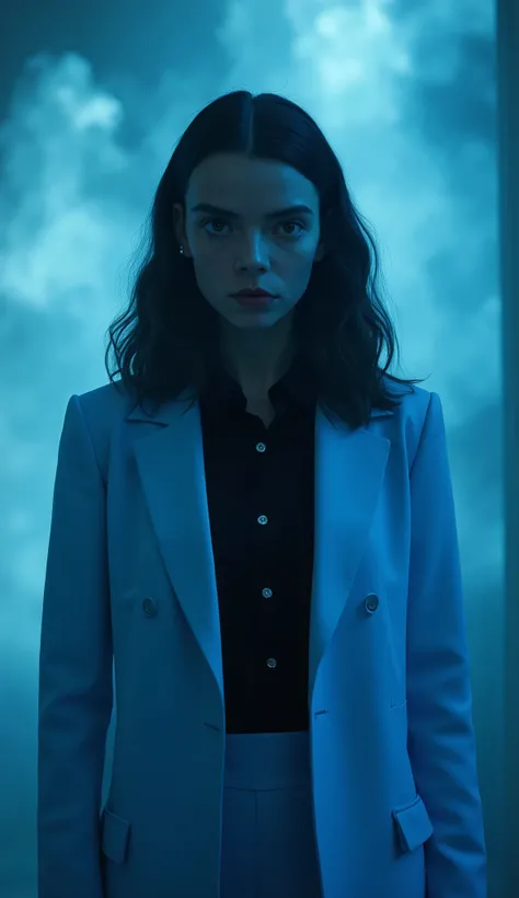  Anya Taylor-Joy in light blue blazer with a black shirt underneath focusing on the waist up, Ethereal background in shades of blue, with a diffuse glow and mystical aura surrounding, suggesting temporal energy. ultra realistic style , hiper-detalhado, cin...