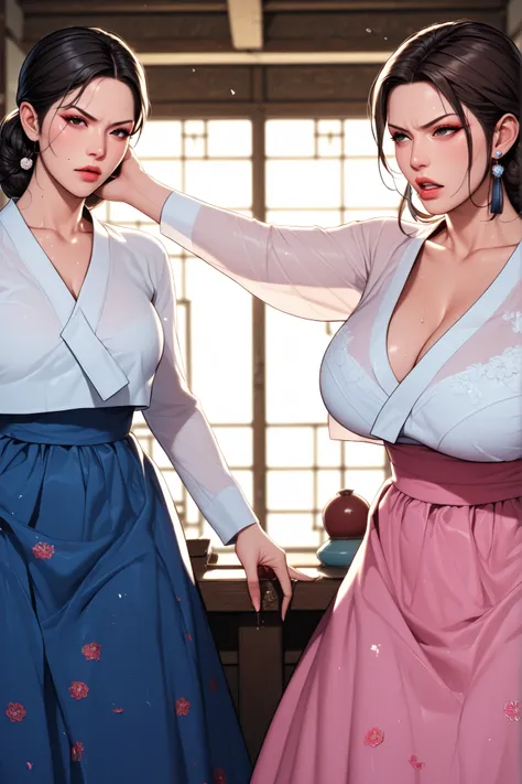 Two sexy, big-breasted ancient Korean girls. mature face. Each has black hair, brown hair. Two women with elegant hair. black eyes. Two women, each with a light blue hanbok, pink hanbok. , are facing each other and slapping their hands in the face. Korean ...